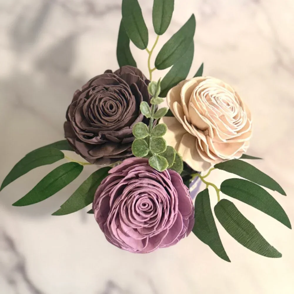 Sola Wood Flower Cream Plum Rose Arrangement in Lavender Mason Jar, Home Decor